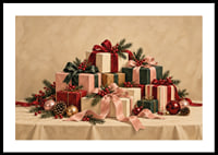 Cartel navideño con una atmósfera especial, con paquetes bellamente envueltos, ramas de abeto y detalles rojos.-0