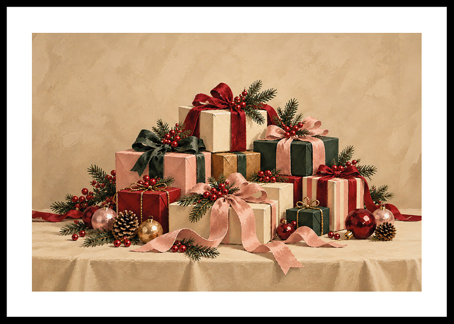 Cartel navideño con una atmósfera especial, con paquetes bellamente envueltos, ramas de abeto y detalles rojos.-12