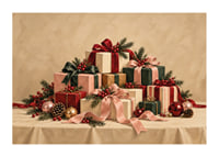 Cartel navideño con una atmósfera especial, con paquetes bellamente envueltos, ramas de abeto y detalles rojos.-1