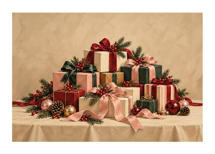 Cartel navideño con una atmósfera especial, con paquetes bellamente envueltos, ramas de abeto y detalles rojos.-12