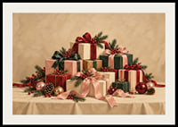 Cartel navideño con una atmósfera especial, con paquetes bellamente envueltos, ramas de abeto y detalles rojos.-2
