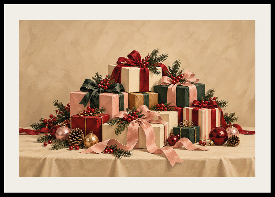 Cartel navideño con una atmósfera especial, con paquetes bellamente envueltos, ramas de abeto y detalles rojos.-12
