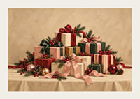 Cartel navideño con una atmósfera especial, con paquetes bellamente envueltos, ramas de abeto y detalles rojos.-3