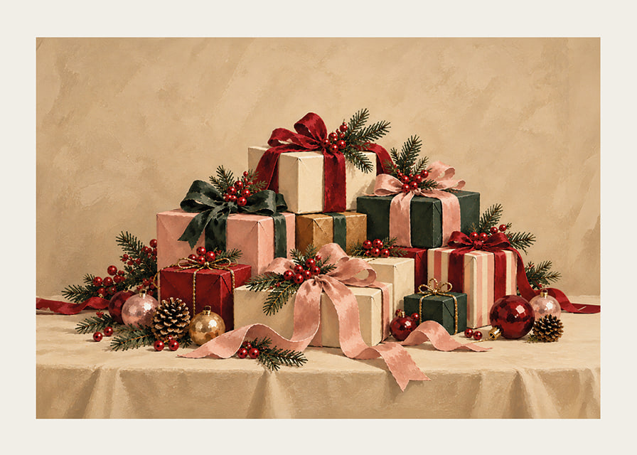 Cartel navideño con una atmósfera especial, con paquetes bellamente envueltos, ramas de abeto y detalles rojos.-12