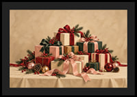 Cartel navideño con una atmósfera especial, con paquetes bellamente envueltos, ramas de abeto y detalles rojos.-4