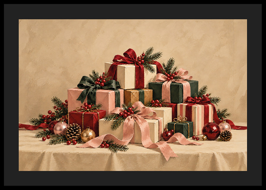 Cartel navideño con una atmósfera especial, con paquetes bellamente envueltos, ramas de abeto y detalles rojos.-12
