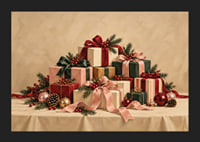 Cartel navideño con una atmósfera especial, con paquetes bellamente envueltos, ramas de abeto y detalles rojos.-5