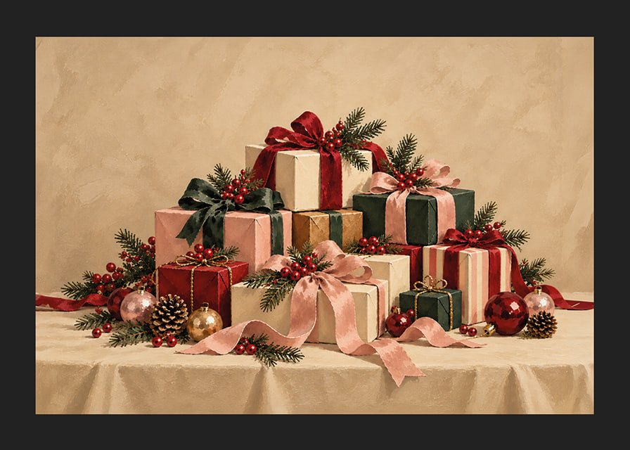 Cartel navideño con una atmósfera especial, con paquetes bellamente envueltos, ramas de abeto y detalles rojos.-12