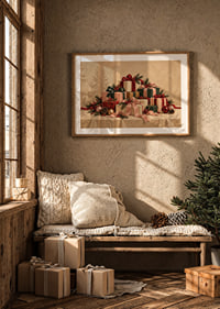 Cartel navideño con una atmósfera especial, con paquetes bellamente envueltos, ramas de abeto y detalles rojos.-8