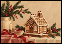 Una acogedora casa de jengibre con ramas de abeto, bayas rojas y velas en un ambiente navideño.-6