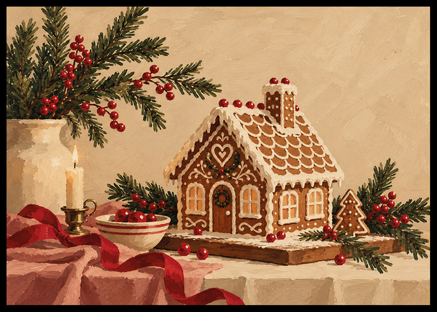 Una acogedora casa de jengibre con ramas de abeto, bayas rojas y velas en un ambiente navideño.-12