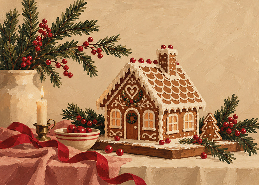Una acogedora casa de jengibre con ramas de abeto, bayas rojas y velas en un ambiente navideño.-12