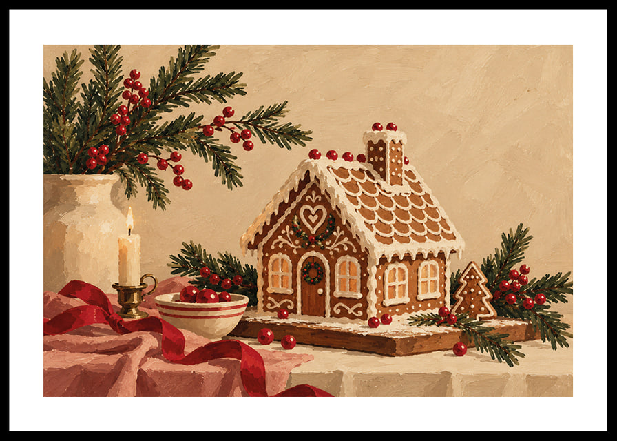 Una acogedora casa de jengibre con ramas de abeto, bayas rojas y velas en un ambiente navideño.-12