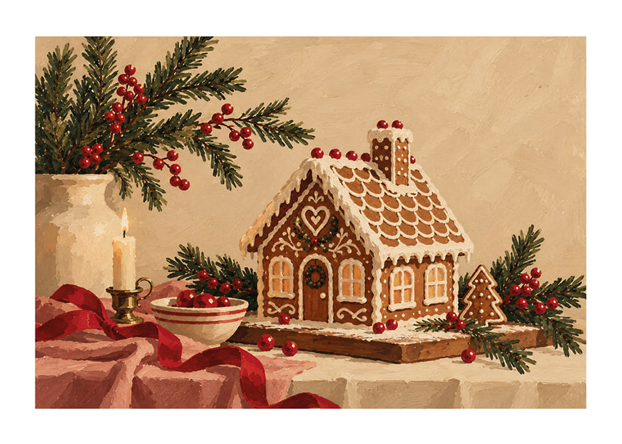 Una acogedora casa de jengibre con ramas de abeto, bayas rojas y velas en un ambiente navideño.-12