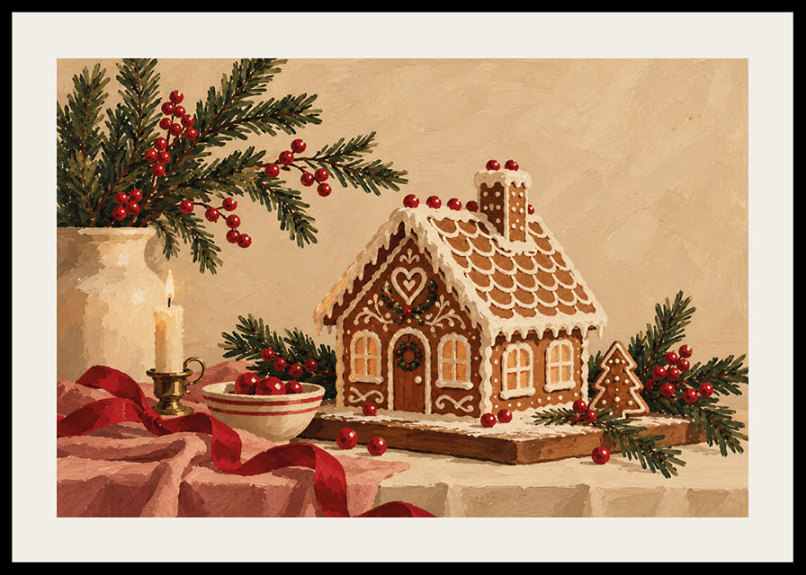 Una acogedora casa de jengibre con ramas de abeto, bayas rojas y velas en un ambiente navideño.-12