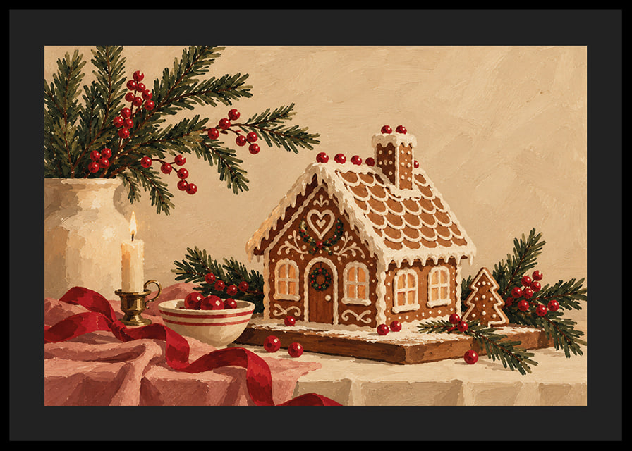 Una acogedora casa de jengibre con ramas de abeto, bayas rojas y velas en un ambiente navideño.-12