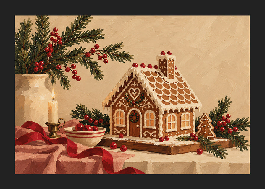 Una acogedora casa de jengibre con ramas de abeto, bayas rojas y velas en un ambiente navideño.-12