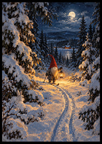 Un Papá Noel con una linterna camina por un bosque nevado a la luz de la luna.-6
