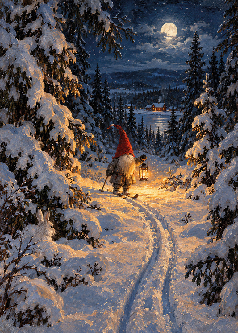 Un Papá Noel con una linterna camina por un bosque nevado a la luz de la luna.-12