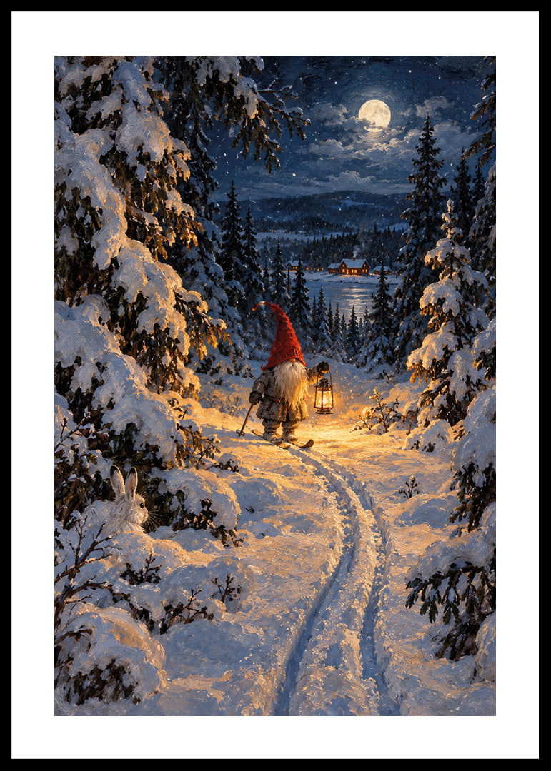 Un Papá Noel con una linterna camina por un bosque nevado a la luz de la luna.-12