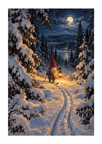 Un Papá Noel con una linterna camina por un bosque nevado a la luz de la luna.-1