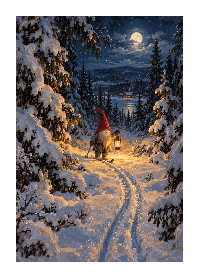 Un Papá Noel con una linterna camina por un bosque nevado a la luz de la luna.-12