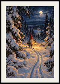 Un Papá Noel con una linterna camina por un bosque nevado a la luz de la luna.-2