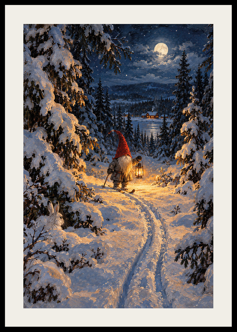 Un Papá Noel con una linterna camina por un bosque nevado a la luz de la luna.-12