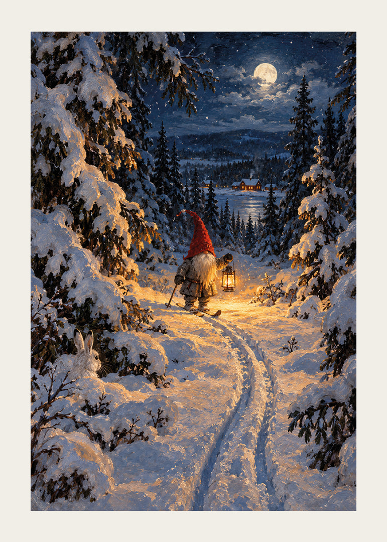 Un Papá Noel con una linterna camina por un bosque nevado a la luz de la luna.-12