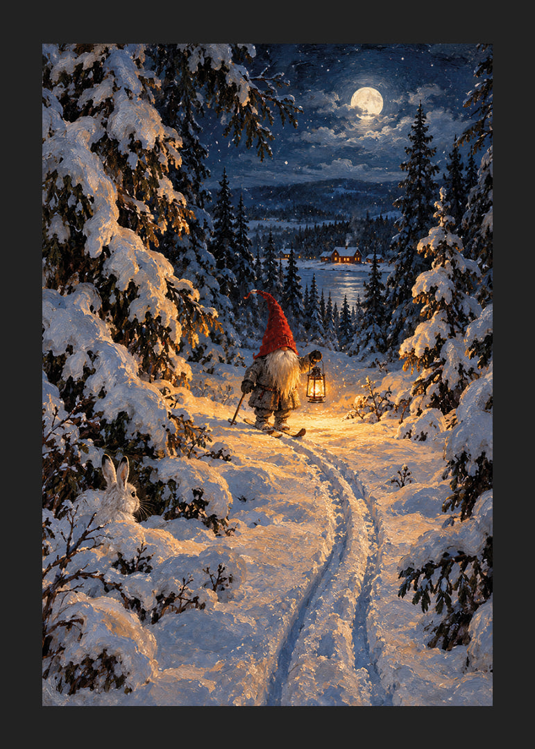 Un Papá Noel con una linterna camina por un bosque nevado a la luz de la luna.-12