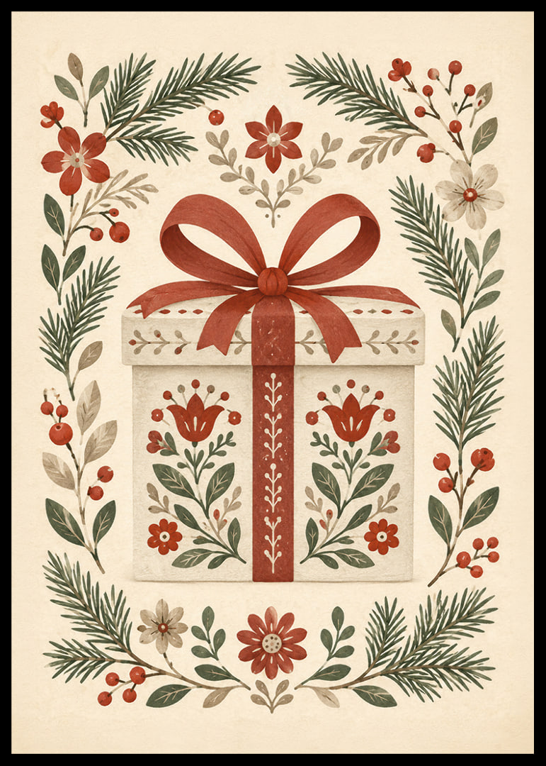 Un regalo encantador rodeado de ramitas de hoja perenne, bayas rojas y flores.-12