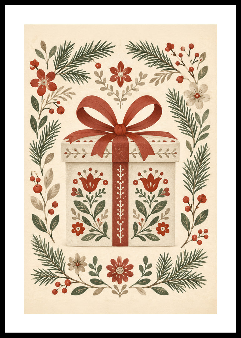Un regalo encantador rodeado de ramitas de hoja perenne, bayas rojas y flores.-12