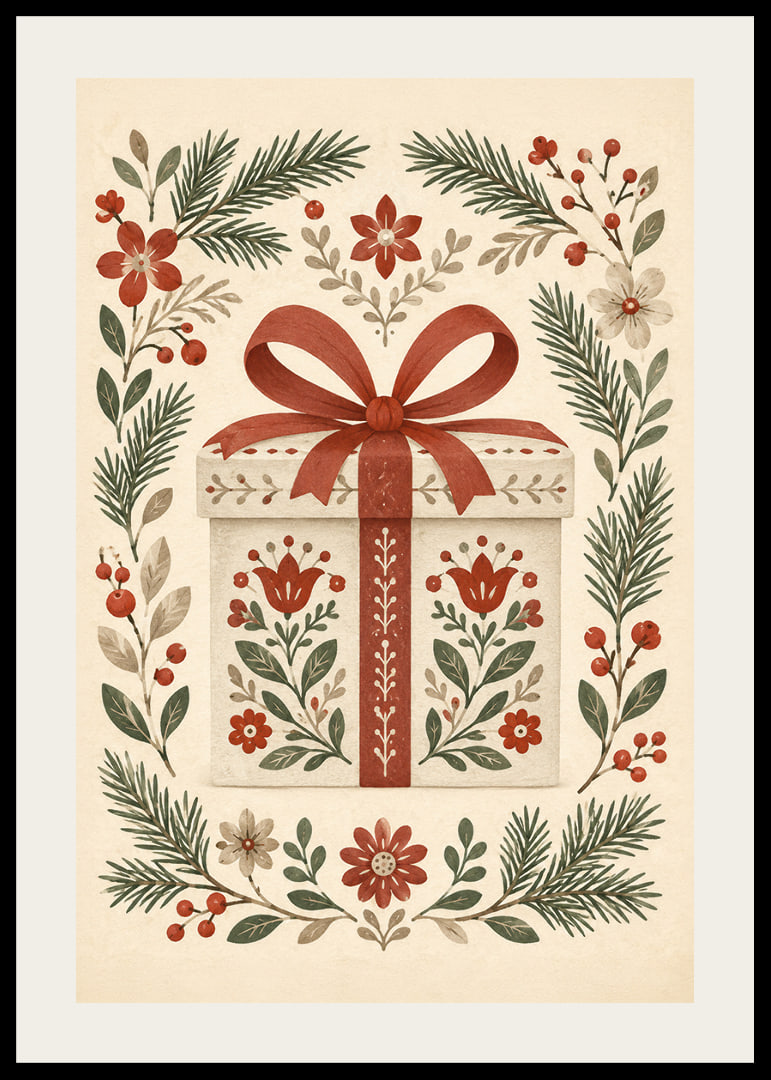 Un regalo encantador rodeado de ramitas de hoja perenne, bayas rojas y flores.-12
