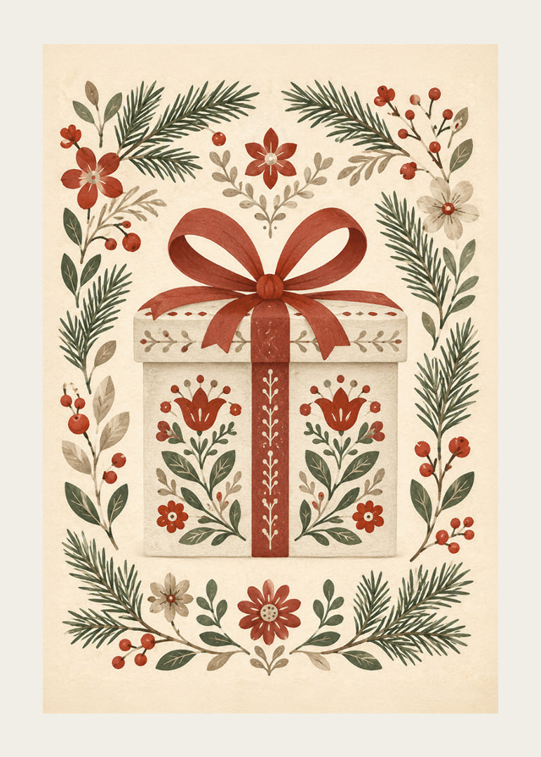 Un regalo encantador rodeado de ramitas de hoja perenne, bayas rojas y flores.-12