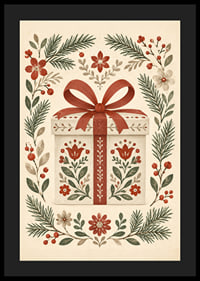 Un regalo encantador rodeado de ramitas de hoja perenne, bayas rojas y flores.-4
