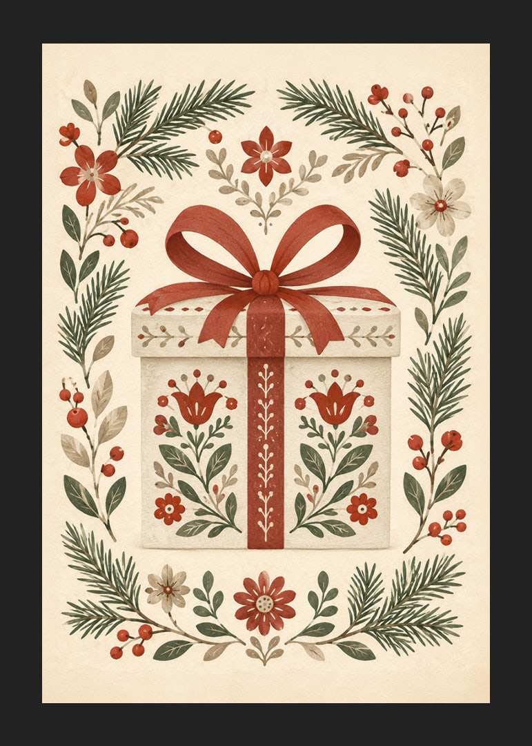 Un regalo encantador rodeado de ramitas de hoja perenne, bayas rojas y flores.-12