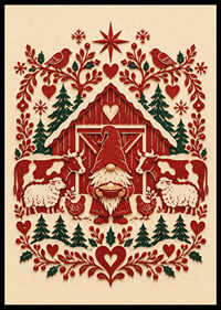 Cartel navideño folclórico con Papá Noel, un granero rojo, animales de granja y detalles de árboles de hoja perenne.-0