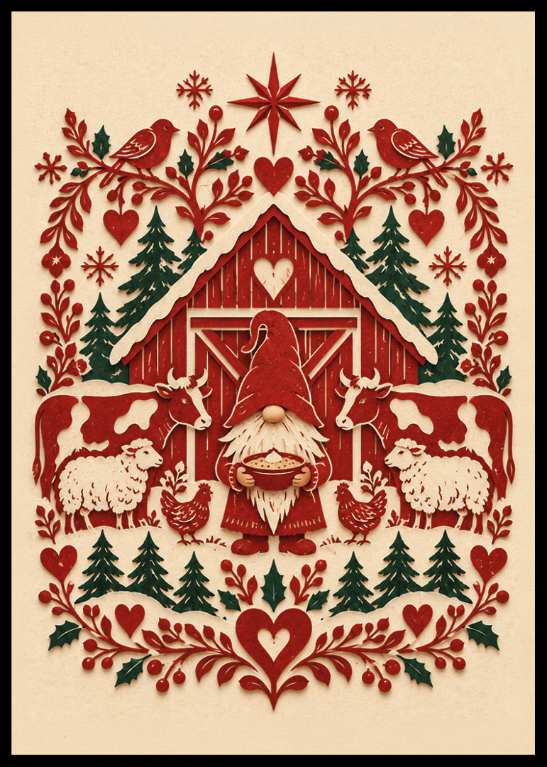 Cartel navideño folclórico con Papá Noel, un granero rojo, animales de granja y detalles de árboles de hoja perenne.-12