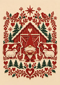 Cartel navideño folclórico con Papá Noel, un granero rojo, animales de granja y detalles de árboles de hoja perenne.-1