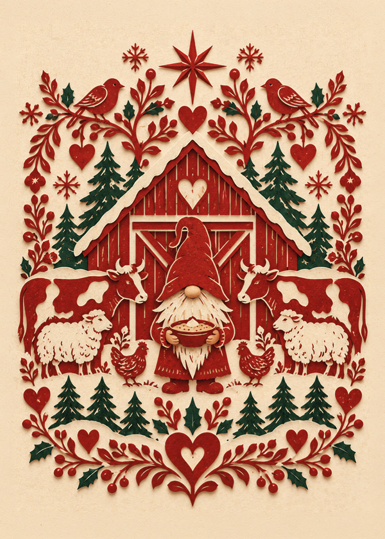 Cartel navideño folclórico con Papá Noel, un granero rojo, animales de granja y detalles de árboles de hoja perenne.-12