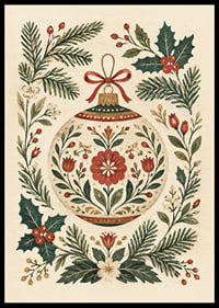 Adorno navideño floral con ramas de abeto, acebo y bayas rojas en un delicado estilo de acuarela.-0
