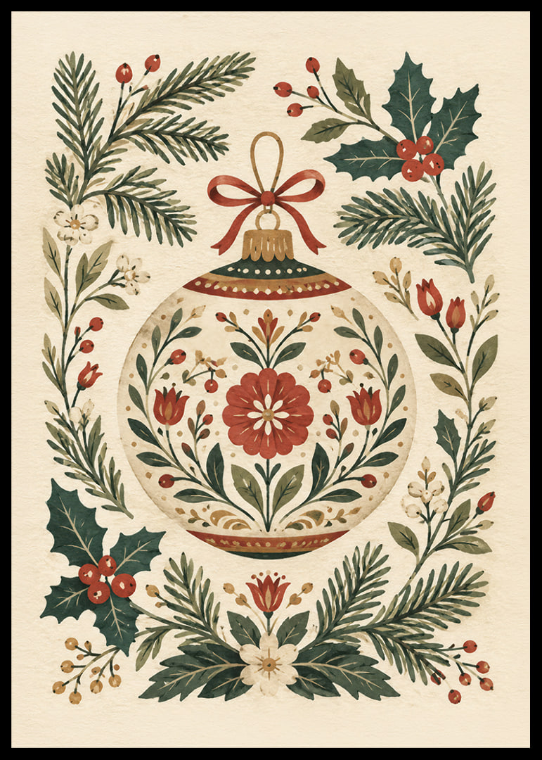 Adorno navideño floral con ramas de abeto, acebo y bayas rojas en un delicado estilo de acuarela.-12