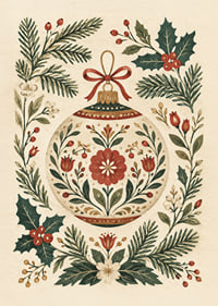 Adorno navideño floral con ramas de abeto, acebo y bayas rojas en un delicado estilo de acuarela.-1