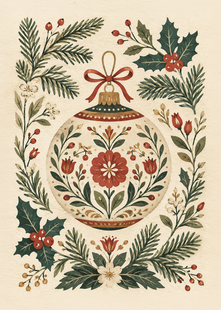Adorno navideño floral con ramas de abeto, acebo y bayas rojas en un delicado estilo de acuarela.-12