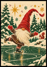 Un Papá Noel feliz patina sobre un lago helado en un bosque invernal nevado.-6