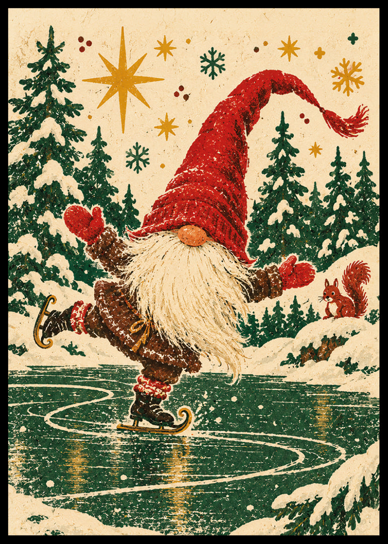 Un Papá Noel feliz patina sobre un lago helado en un bosque invernal nevado.-12
