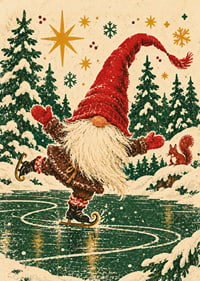 Un Papá Noel feliz patina sobre un lago helado en un bosque invernal nevado.-7