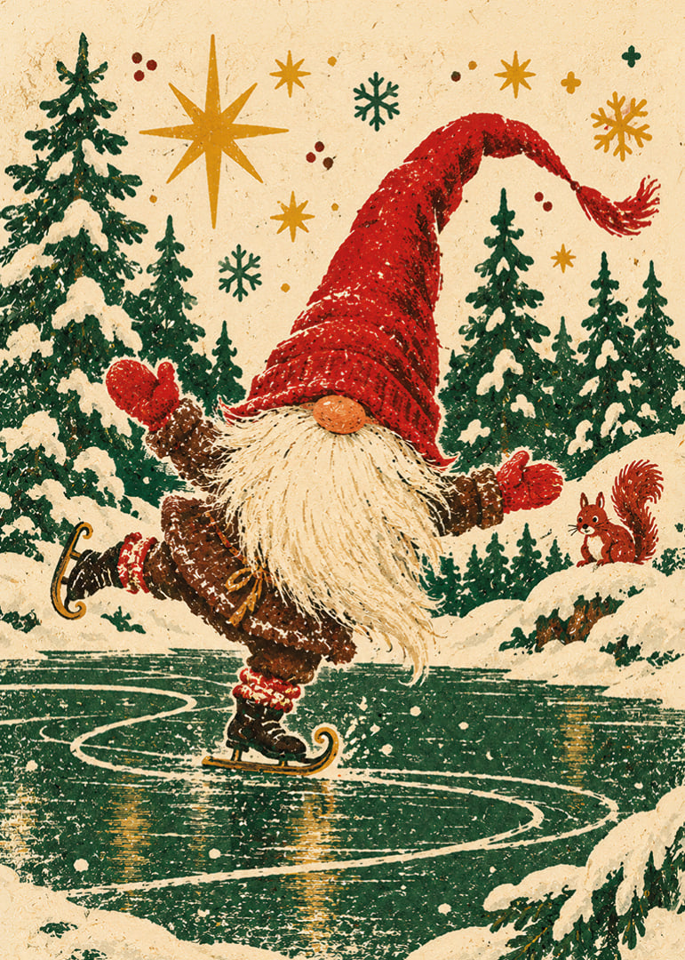 Un Papá Noel feliz patina sobre un lago helado en un bosque invernal nevado.-12