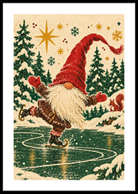 Un Papá Noel feliz patina sobre un lago helado en un bosque invernal nevado.-0