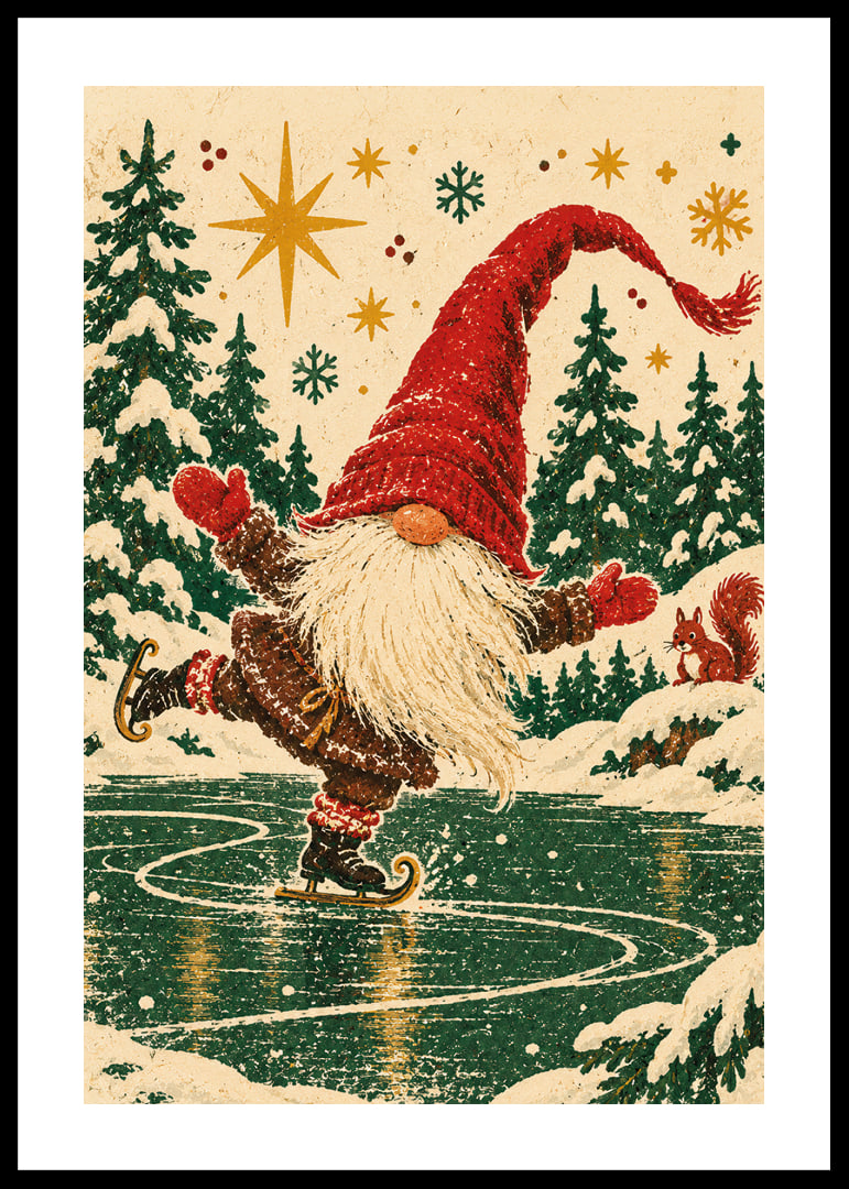 Un Papá Noel feliz patina sobre un lago helado en un bosque invernal nevado.-12